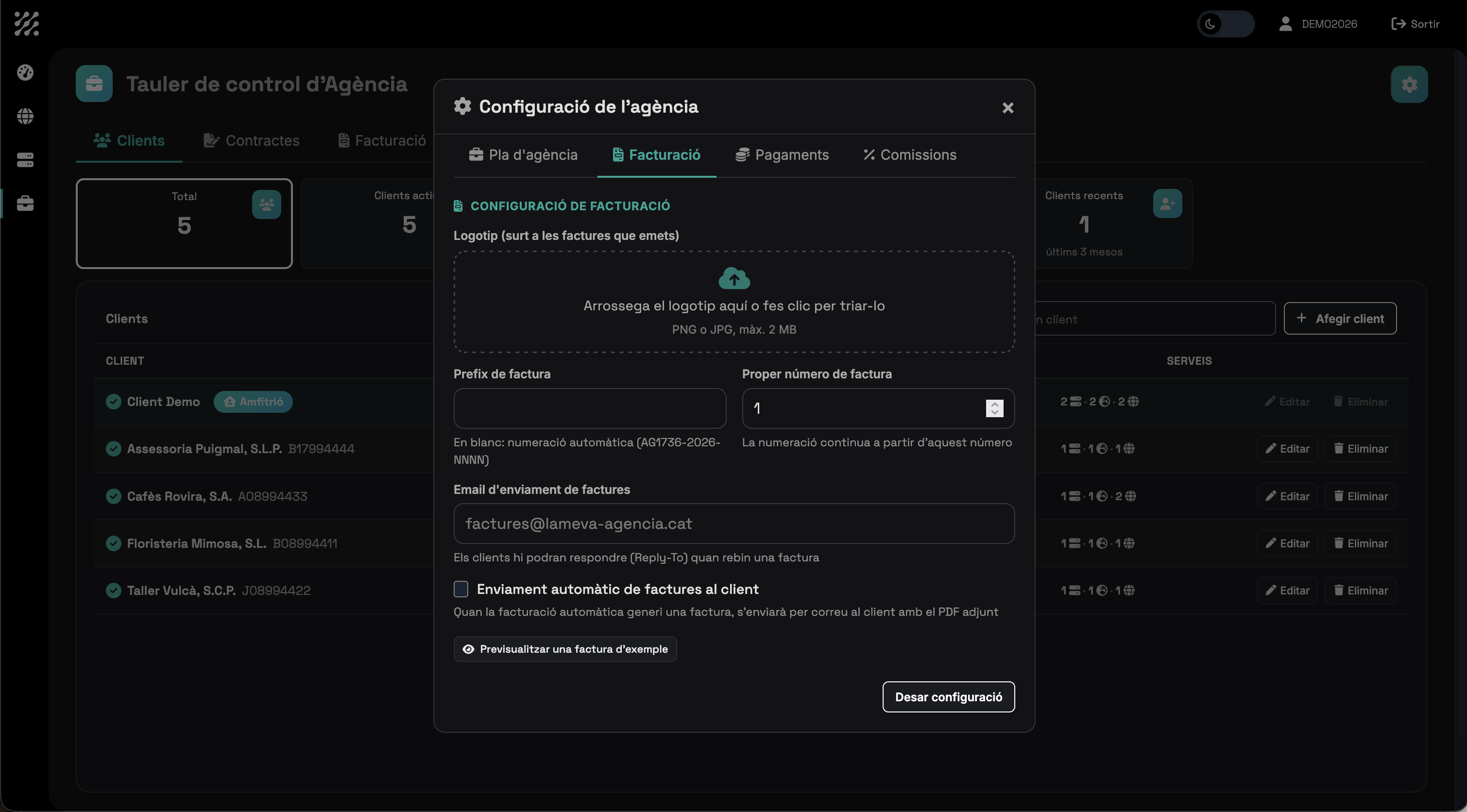 Configuración de la facturación delegada en el panel de agencia: logotipo, numeración y email de envío de las facturas