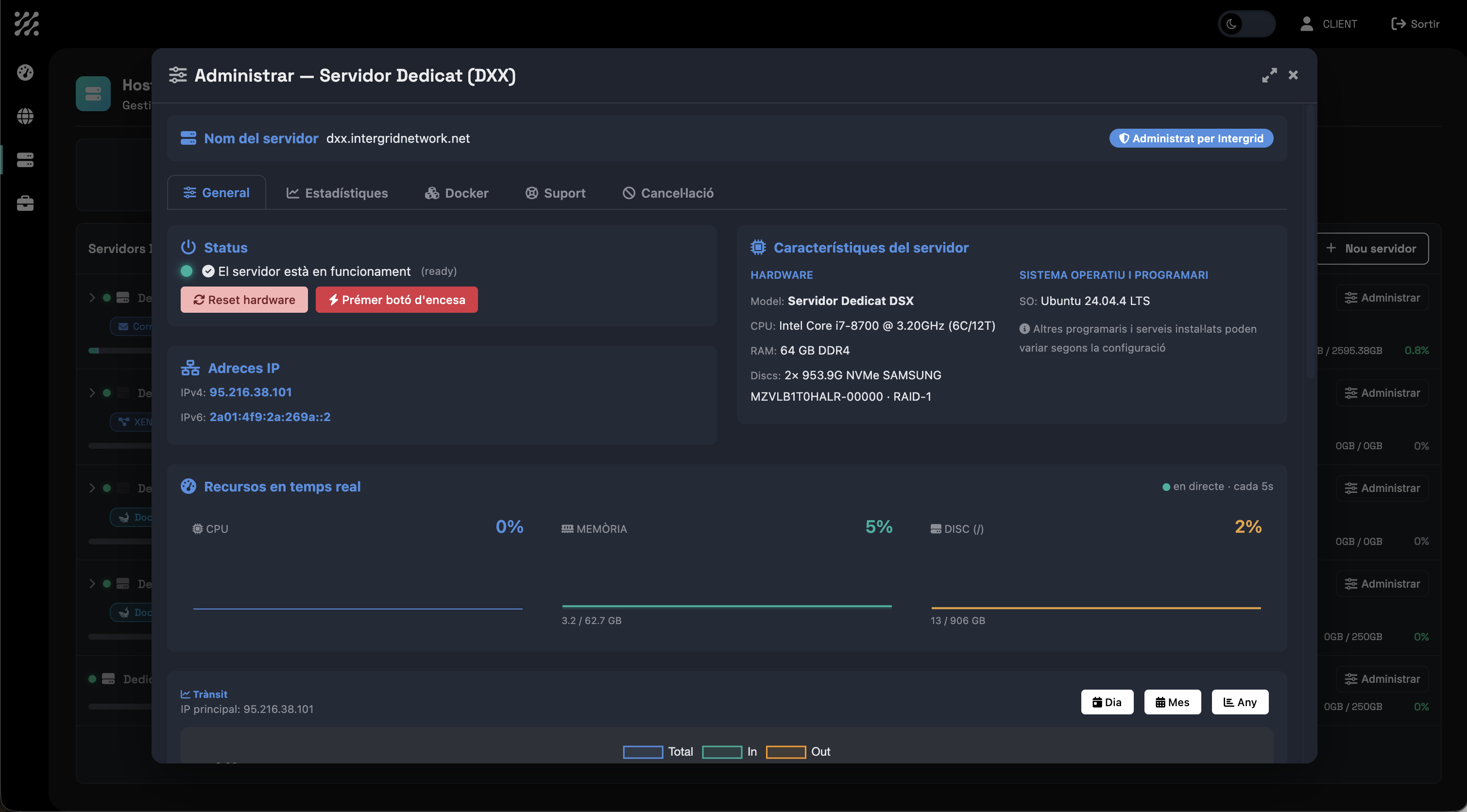 Administración de un servidor dedicado desde el panel: estado, hardware, recursos en tiempo real, Docker y máquinas virtuales
